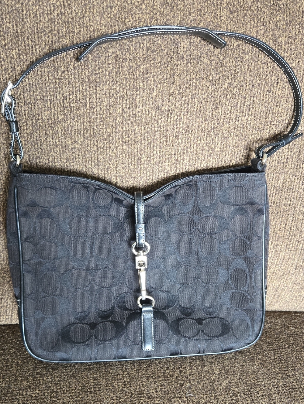 Designer-Style Black Coach Shoulder Bag with Signature Pattern